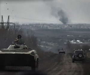 epa10562813 Armoured personnel carriers (APC) drive along the road from Bakhmut as heavy fighting for the control of the town continues, Donetsk region, eastern Ukraine, 06 April 2023 (issued 07 April 2023). Russian troops entered Ukrainian territory on 24 February 2022, starting a conflict that has provoked destruction and a humanitarian crisis.  EPA/OLEG PETRASYUK