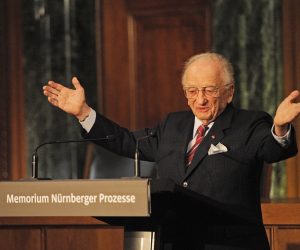 epa10565976 (FILE) - Former chief prosecutor of the Einsatzgruppen Trial Benjamin Ferencz speaks at the opening of the 'Nuremberg Trials Memorium' at the regional court Nuremberg-Fuerth in Nuremberg, Germany, 21 November 2010 (reissued 09 April 2023). Ferencz, the last surviving Nuerenberg prosecutor, died on the night of 07 April in Florida aged 103, the US Holocaust Museum confirmed on 08 April.  EPA/ARMINA WEIGEL  GERMANY OUT *** Local Caption *** 02459446