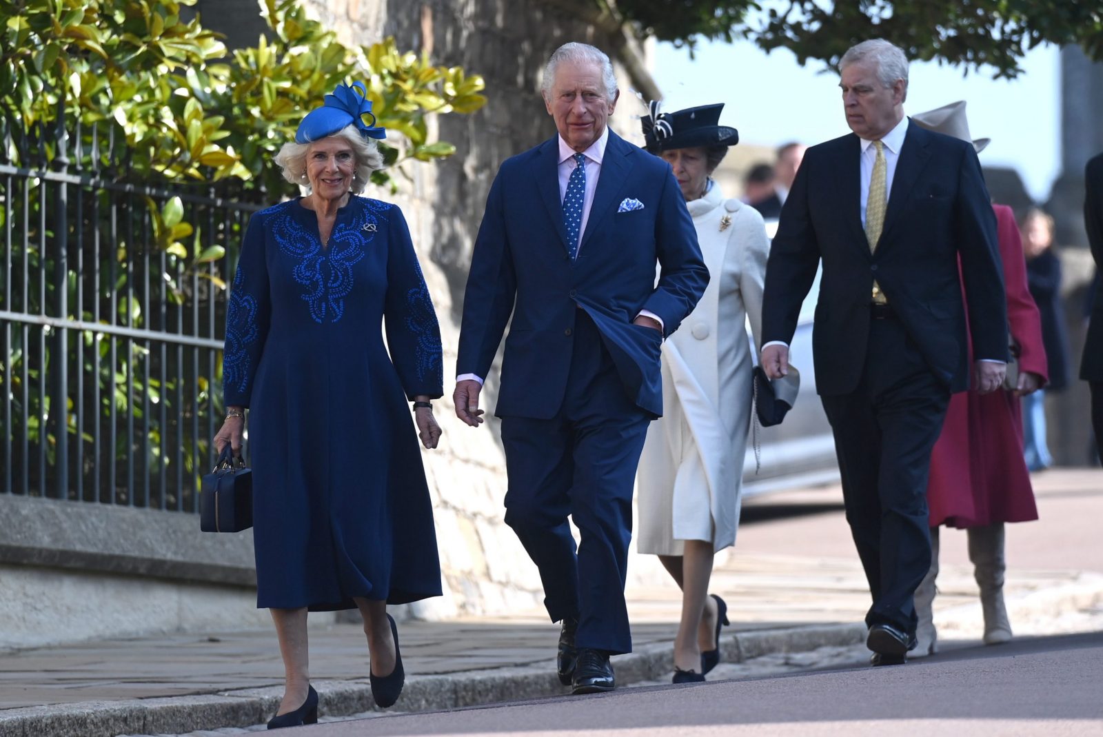 epa10565989 Britain's King Charles III (2L) and Camilla, the  Queen Consort, with Prince Andrew (R), Duke of York and Anne (2R), Princess Royal arrive for the Easter Sunday service at St Georges Chapel at Windsor Castle in Windsor, Britain, 09 April 2023.  EPA/NEIL HALL
