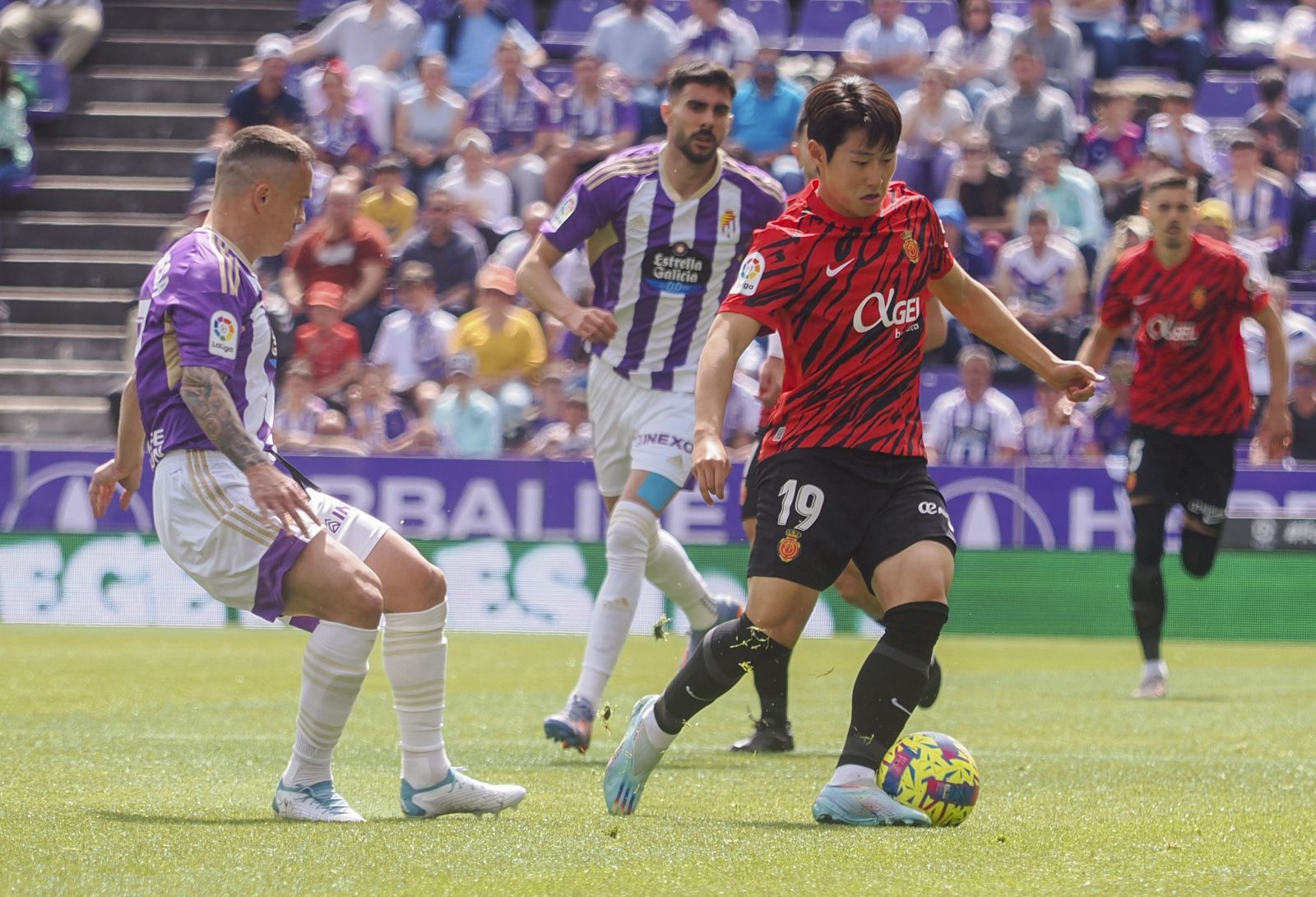 epa10566226 Mallorca's Kang-In Lee (R-front) vies for the ball with Valladolid's Roque Mesa (L) during their Spanish LaLiga Primera Division soccer match in Valladolid, central Spain, 09 April 2023.  EPA/R. GARCIA