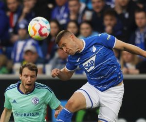 epa10566595 Hoffenheim's Pavel Kaderabek (R) in action against Schalke's Thomas Ouwejan (L) during the German Bundesliga soccer match between TSG 1899 Hoffenheim and FC Schalke 04 in Sinsheim, Germany, 09 April 2023.  EPA/RONALD WITTEK CONDITIONS - ATTENTION: The DFL regulations prohibit any use of photographs as image sequences and/or quasi-video.