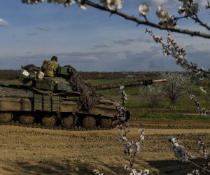 epa10567790 A tank moves on the road,  at undisclosed location near Bakhmut,  Donetsk region, Ukraine, 10 April 2023. Russian troops entered Ukrainian territory on 24 February 2022, starting a conflict that has provoked destruction and a humanitarian crisis.  EPA/OLEG PETRASYUK
