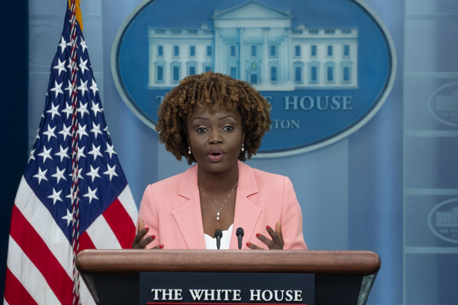 epa10567752 White House Press Secretary Karine Jean-Pierre participates in a news conference in the James Brady Press Briefing Room of the White House during which  questions were asked on leaked Pentagon documents regarding the war in Ukraine, in Washington, DC, USA, 10 April 2023.  EPA/MICHAEL REYNOLDS
