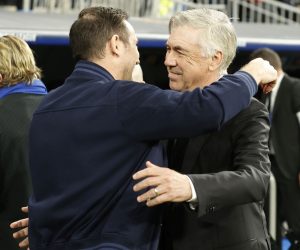 epa10569955 Chelsea's head coach Frank Lampard (L) is greeted by Real Madrid' head coach Carlo Ancelotti (R) during the UEFA Champions League quarter final first leg soccer match between Real Madrid and Chelsea FC, in Madrid, Spain, 12 April 2023.  EPA/Chema Moya