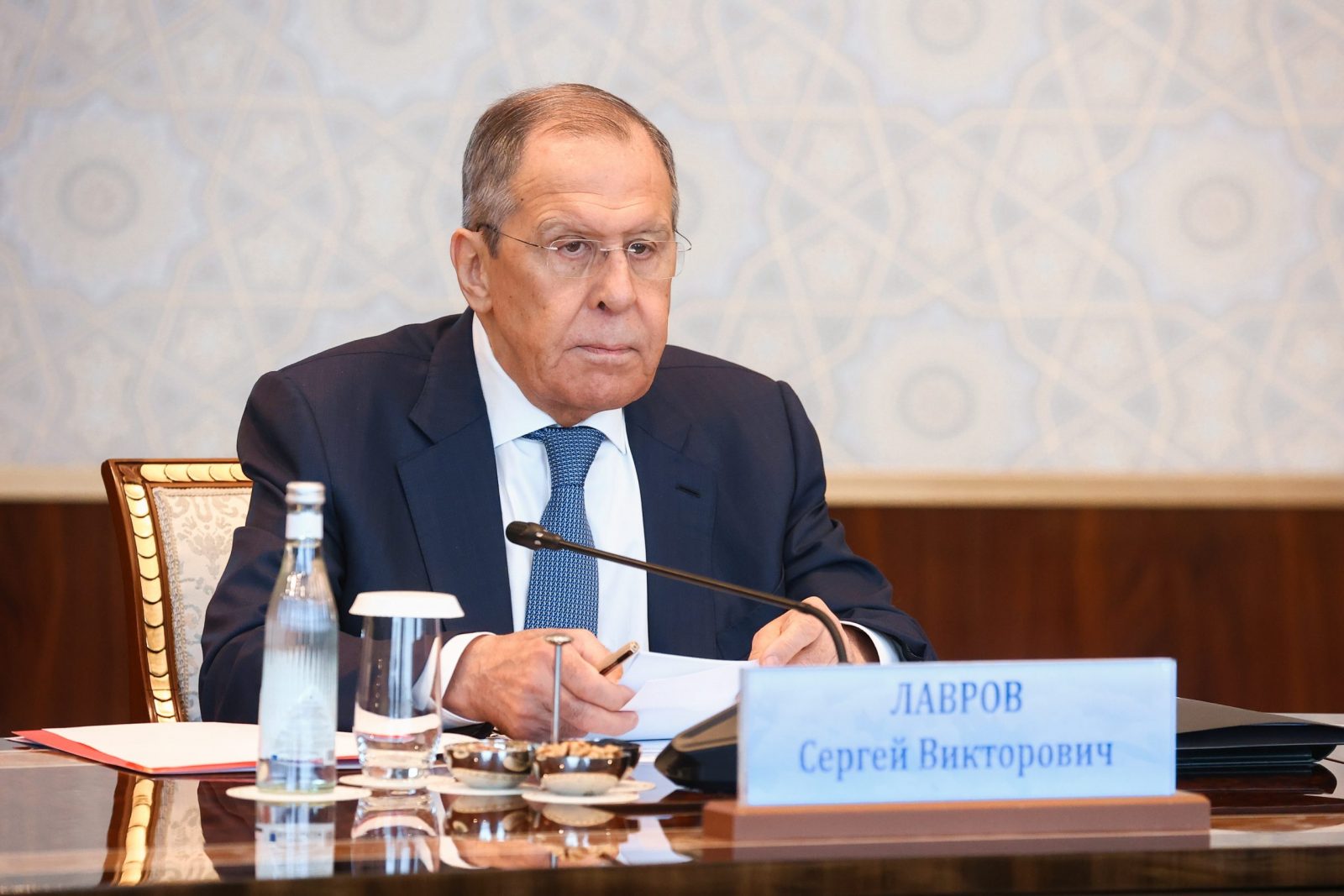 epa10572183 A handout photo made available by Russian Foreign Ministry Press Service shows Russian Foreign Minister Sergei Lavrov attends the Council of Foreign Ministers of the Commonwealth of Independent States (CIS) in Samarkand, Uzbekistan, 14 April 2023.  EPA/RUSSIAN FOREIGN MINISTRY PRESS SERVICE / HANDOUT  HANDOUT EDITORIAL USE ONLY/NO SALES