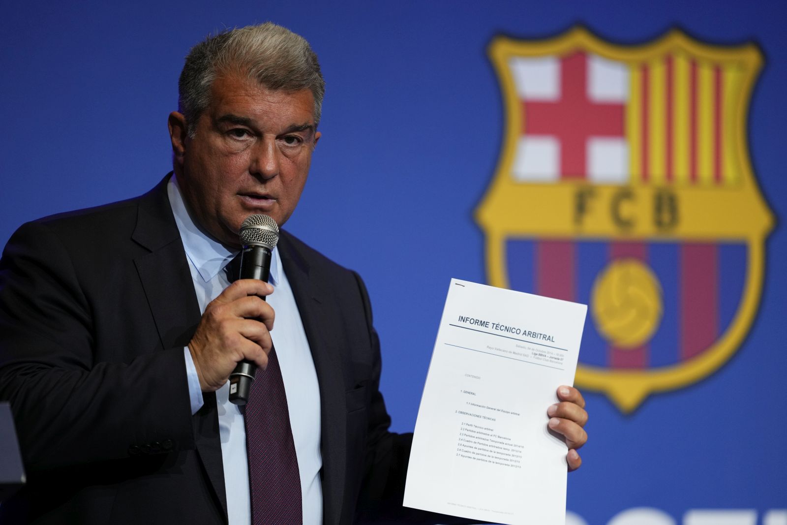epa10576555 President of FC Barcelona, Joan Laporta, holds a press conferece to report on the results of the internal investigation carried out by the FC Barcelona over the 'Negreira case', in Barcelona, Spain, 17 April 2023.  EPA/Alejandro Garcia