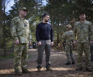 epa10580330 A handout photo made available by Ukraine's Presidential Press Service shows Ukraine's President Volodymyr Zelensky (C) meeting with Ukrainian servicemen during a working visit to the Volyn region, North-Western Ukraine, 19 April 2023, amid the Russian invasion. Zelensky visited the area where Ukraine borders both Poland and Belarus. Russian troops entered Ukrainian territory in February 2022, starting a conflict that has provoked destruction and a humanitarian crisis.  EPA/PRESIDENTIAL PRESS SERVICE HANDOUT HANDOUT  HANDOUT EDITORIAL USE ONLY/NO SALES