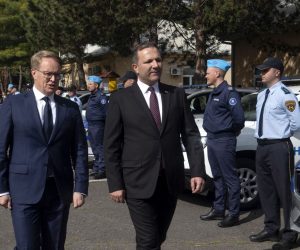 epa10581572 FRONTEX Executive Director Hans Leijtens (L) accompanied by North Macedonia's Interior Minister Oliver Spasovski (C) inspect the members of FRONTEX during the official launch ceremony of the FRONTEX Joint Operation in Skopje, Republic of North Macedonia, 20 April 2023. It is planned that in 2023, FRONTEX will deploy more than 100 officers, patrol vehicles and special equipment on the Macedonian-Greek border, which will significantly increase the capacity to detect illegal activities along the border, while respecting and protecting the basic rights of every person.  EPA/GEORGI LICOVSKI