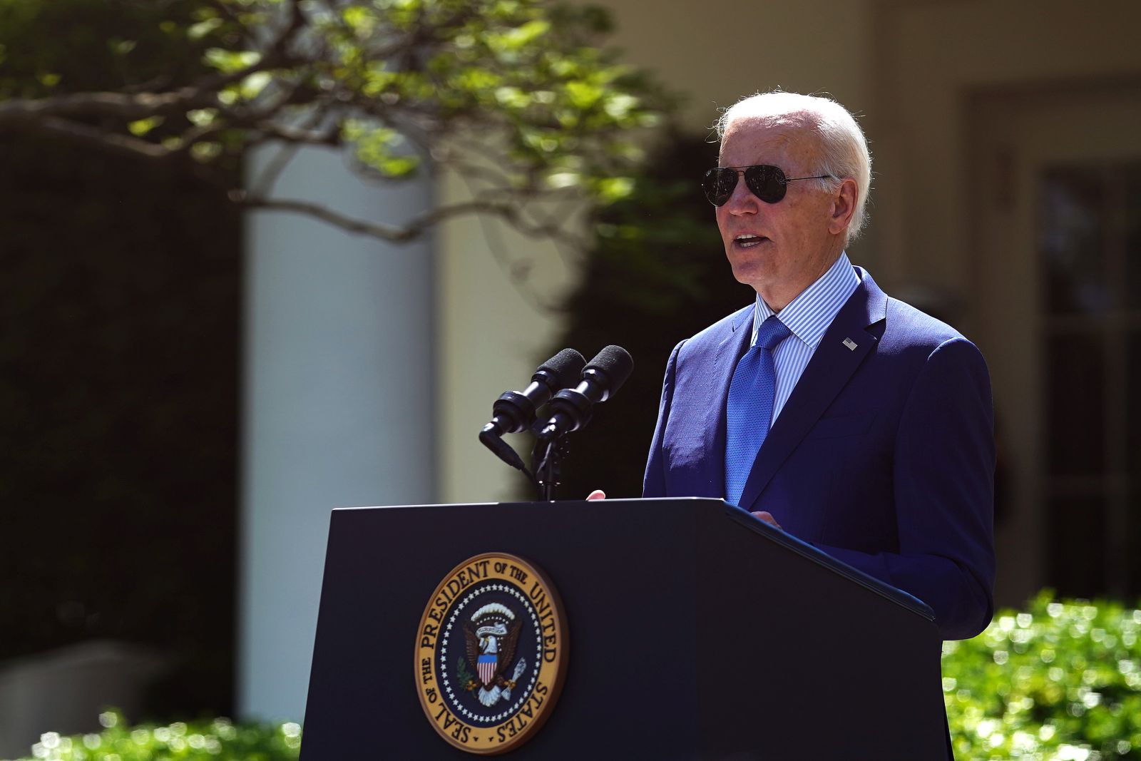 epa10584514 US President Joe Biden delivers remarks on environmental justice in the Rose Garden at the White House, Washington DC, USA, 21 April 2023. The President later signed an executive order creating a White House Office of Environmental Justice.  EPA/WILL OLIVER