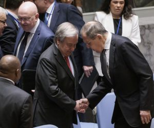 epa10589255 Russia's Foreign Minister Sergey Lavrov (R) shakes hands with United Nations Secretary-General Antonio Guterres (L), at the start of a United Nations Security Council meeting, which is being chaired by Russia for the month of April, at United Nations headquarters in New York, New York, USA, 24 April 2023.  EPA/JUSTIN LANE