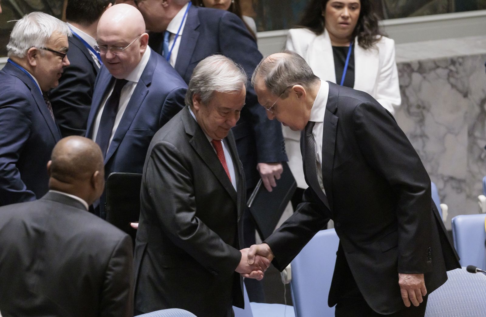 epa10589255 Russia's Foreign Minister Sergey Lavrov (R) shakes hands with United Nations Secretary-General Antonio Guterres (L), at the start of a United Nations Security Council meeting, which is being chaired by Russia for the month of April, at United Nations headquarters in New York, New York, USA, 24 April 2023.  EPA/JUSTIN LANE