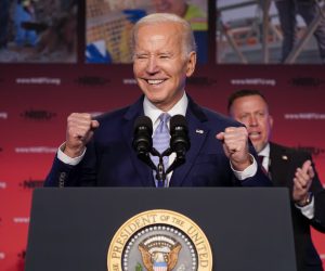 epa10591182 US President Joe Biden delivers remarks on his investing in America agenda at the North America's Building Trades Unions Legislative Conference in Washington, DC, USA, 25 April 2023. This morning President Biden officially announced his 2024 reelection bid.  EPA/SHAWN THEW / POOL
