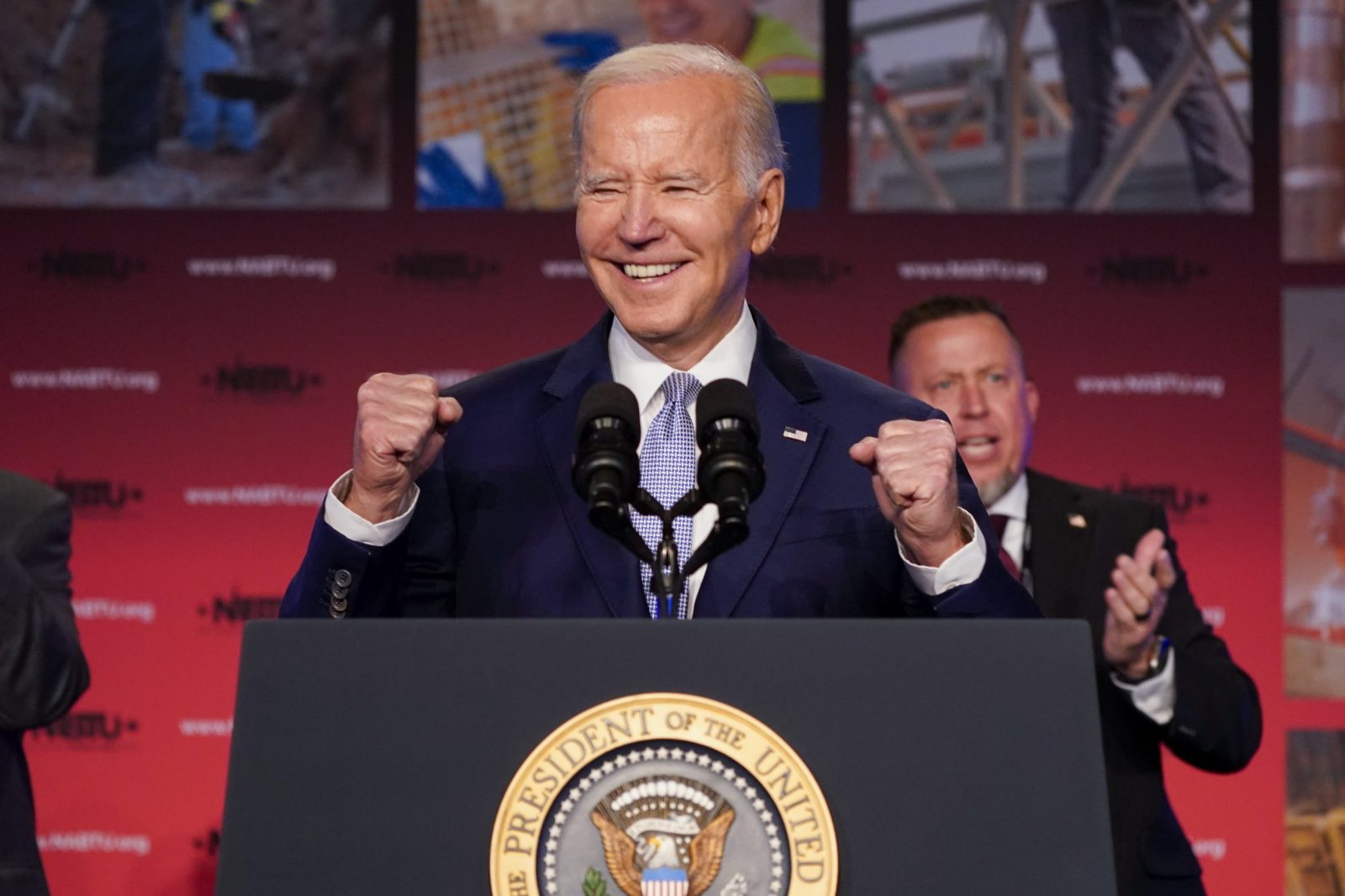 epa10591182 US President Joe Biden delivers remarks on his investing in America agenda at the North America's Building Trades Unions Legislative Conference in Washington, DC, USA, 25 April 2023. This morning President Biden officially announced his 2024 reelection bid.  EPA/SHAWN THEW / POOL