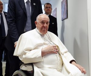 epa10597931 Pope Francis visits the Blessed Laszlo Batthyany-Strattmann Institute during his Apostolic Journey in Budapest, Hungary, 29 April 2023. Pope Francis is on an Apostolic Journey to Hungary from 28 to 30 April 2023.  EPA/REMO CASILLI / POOL