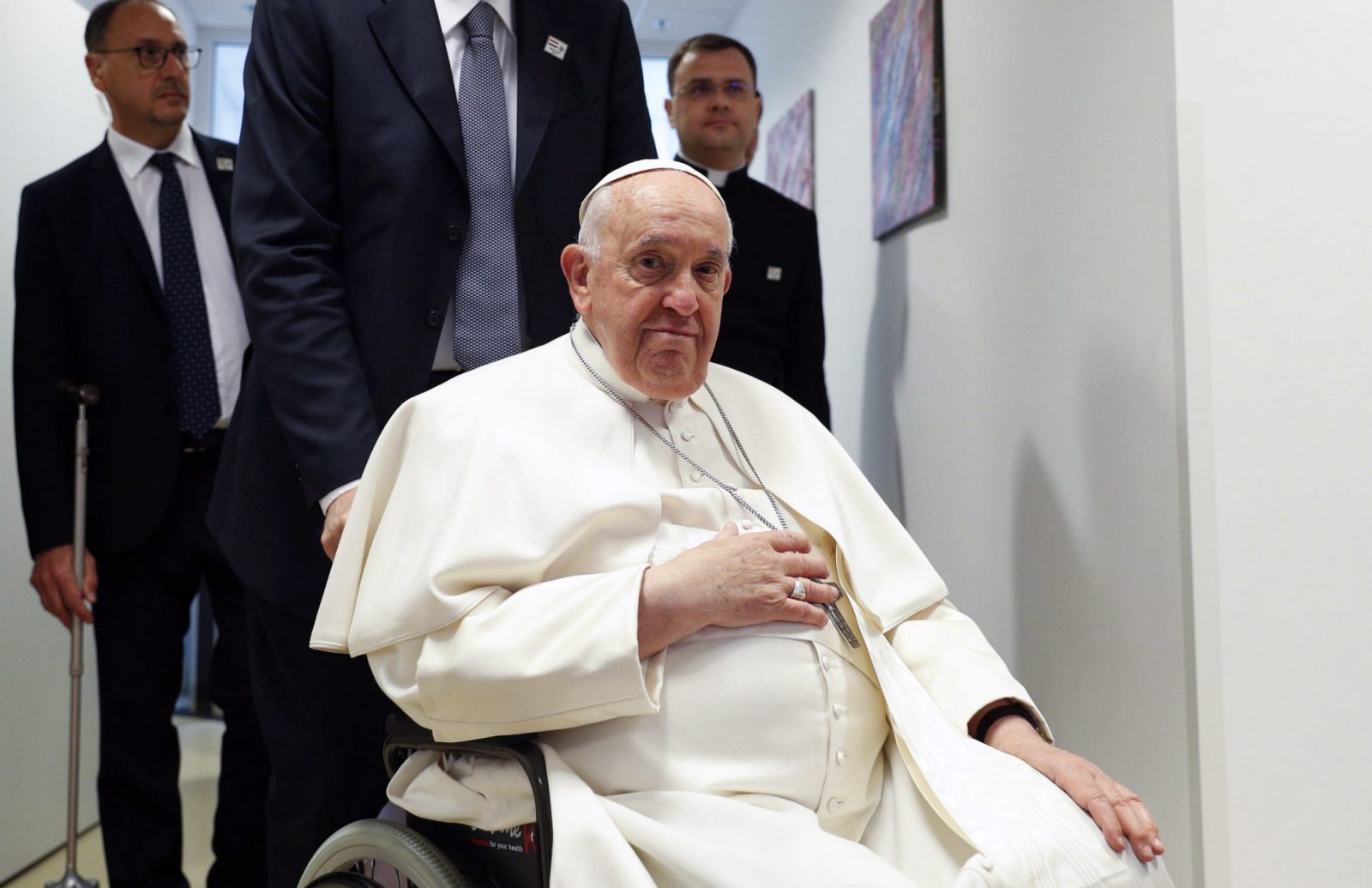 epa10597931 Pope Francis visits the Blessed Laszlo Batthyany-Strattmann Institute during his Apostolic Journey in Budapest, Hungary, 29 April 2023. Pope Francis is on an Apostolic Journey to Hungary from 28 to 30 April 2023.  EPA/REMO CASILLI / POOL