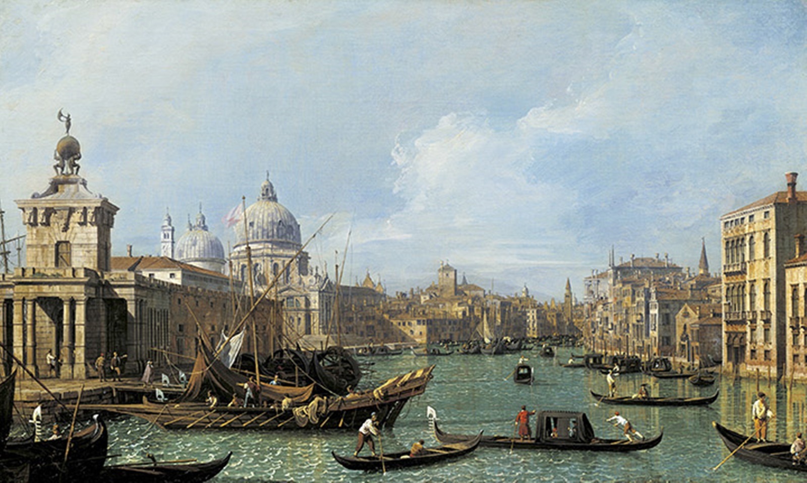 Canaletto, The Mouth of the Grand Canal looking West towards the Carita, c.1729-30, from a set of 12 paintings of the Grand Canal.
<br />Royal Collection Trust/(c) Her Majesty Queen Elizabeth II 2017 
<br />For single use only in connection with the exhibition 'Canaletto & the Art of Venice' at The Queen's Gallery, Buckingham Palace, 19 May - 12 November 2017. Not to be archived or sold on.