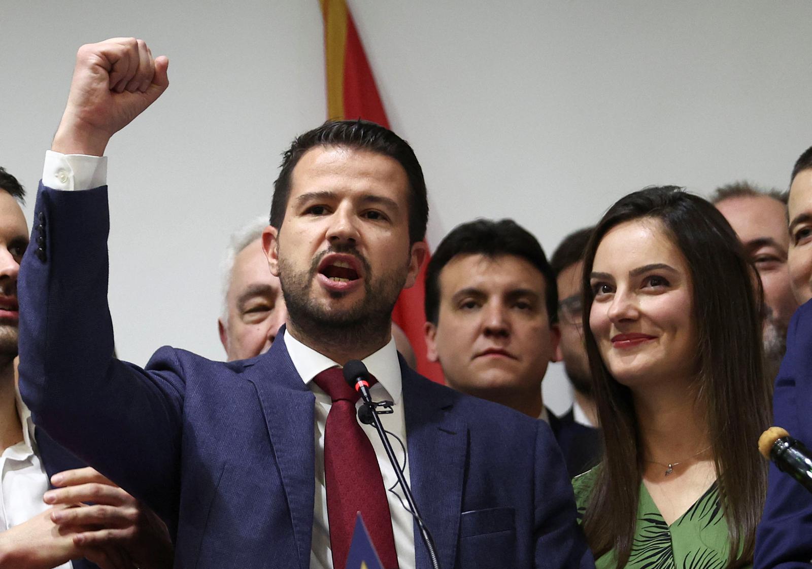 Jakov Milatovic, a presidential candidate from the Europe Now Movement, celebrates next to his wife Milena, after the first results of the presidential election were announced, in Podgorica, Montenegro, April 2, 2023. REUTERS/Marko Djurica Photo: MARKO DJURICA/REUTERS