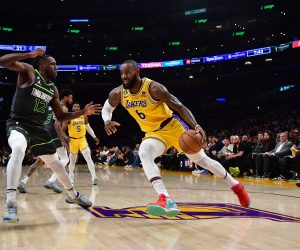 Apr 11, 2023; Los Angeles, California, USA; Los Angeles Lakers forward LeBron James (6) moves to the basket against Minnesota Timberwolves forward Taurean Prince (12) during the first half at Crypto.com Arena. Mandatory Credit: Gary A. Vasquez-USA TODAY Sports Photo: Gary A. Vasquez/REUTERS
