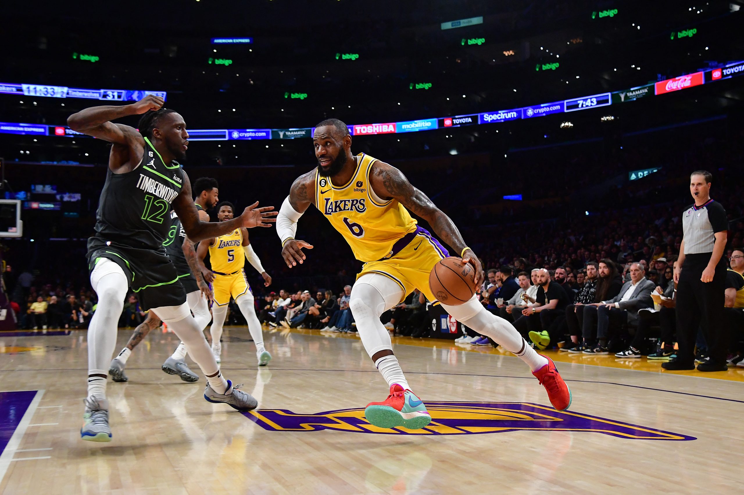 Apr 11, 2023; Los Angeles, California, USA; Los Angeles Lakers forward LeBron James (6) moves to the basket against Minnesota Timberwolves forward Taurean Prince (12) during the first half at Crypto.com Arena. Mandatory Credit: Gary A. Vasquez-USA TODAY Sports Photo: Gary A. Vasquez/REUTERS