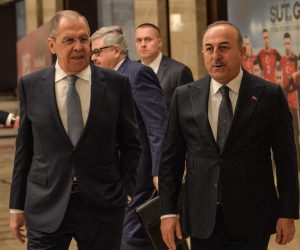 epa10562922 Russian Foreign Minister Sergey Lavrov (L) and Turkey's Foreign Minister Mevlut Cavusoglu (R) walk prior to their meeting at the Turkish Presidential Palace in Ankara, Turkey, 07 April 2023.  EPA/NECATI SAVAS