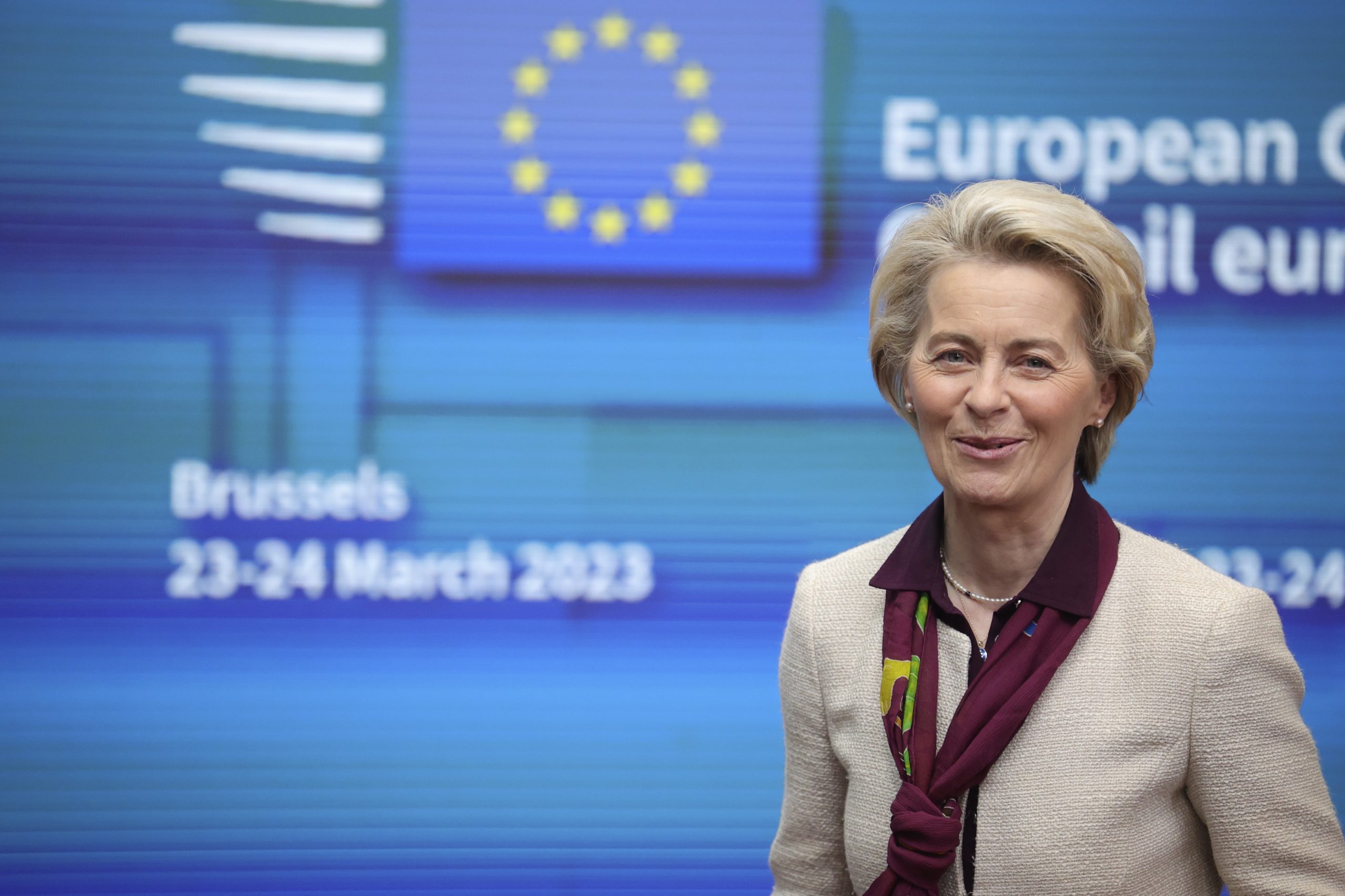epa10540684 European Commission President Ursula von der Leyen leaves after an EU summit at the European Council building in Brussels, Belgium, 24 March 2023. EU leaders met for a two-day summit to discuss the latest developments in relation to 'Russia's war of aggression against Ukraine' and continued EU support for Ukraine and its people. The leaders were also debating on competitiveness, single market and the economy, energy, external relations among other topics, including migration.  EPA/Olivier Matthys / POOL