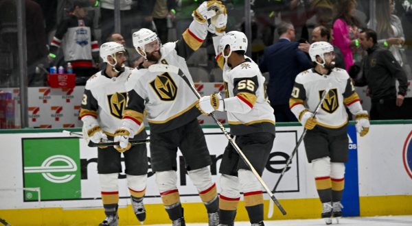 May 29, 2023; Dallas, Texas, USA; Vegas Golden Knights defenseman Alex Pietrangelo (7) and right wing Keegan Kolesar (55) celebrate on the ice after defeating the Dallas Stars in game six of the Western Conference Finals of the 2023 Stanley Cup Playoffs at American Airlines Center. Mandatory Credit: Jerome Miron-USA TODAY Sports