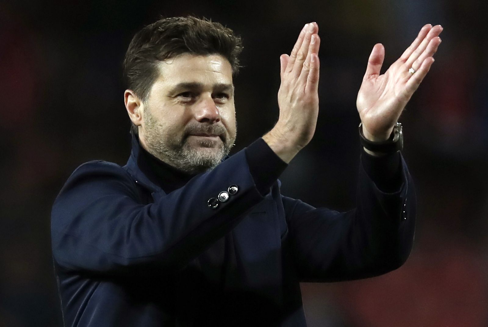 FILE - Mauricio Pochettino applauds fans after the Champions League group B soccer match between Red Star and Tottenham, at the Rajko Mitic Stadium in Belgrade, Serbia, Wednesday, Nov. 6, 2019. Chelsea has hired Mauricio Pochettino as manager on a two-year deal with the option of another year. The Argentine coach is tasked with getting the best out of an expensively assembled squad that has underperformed at the start of a new era for the English club. (AP Photo/Darko Vojinovic, File)