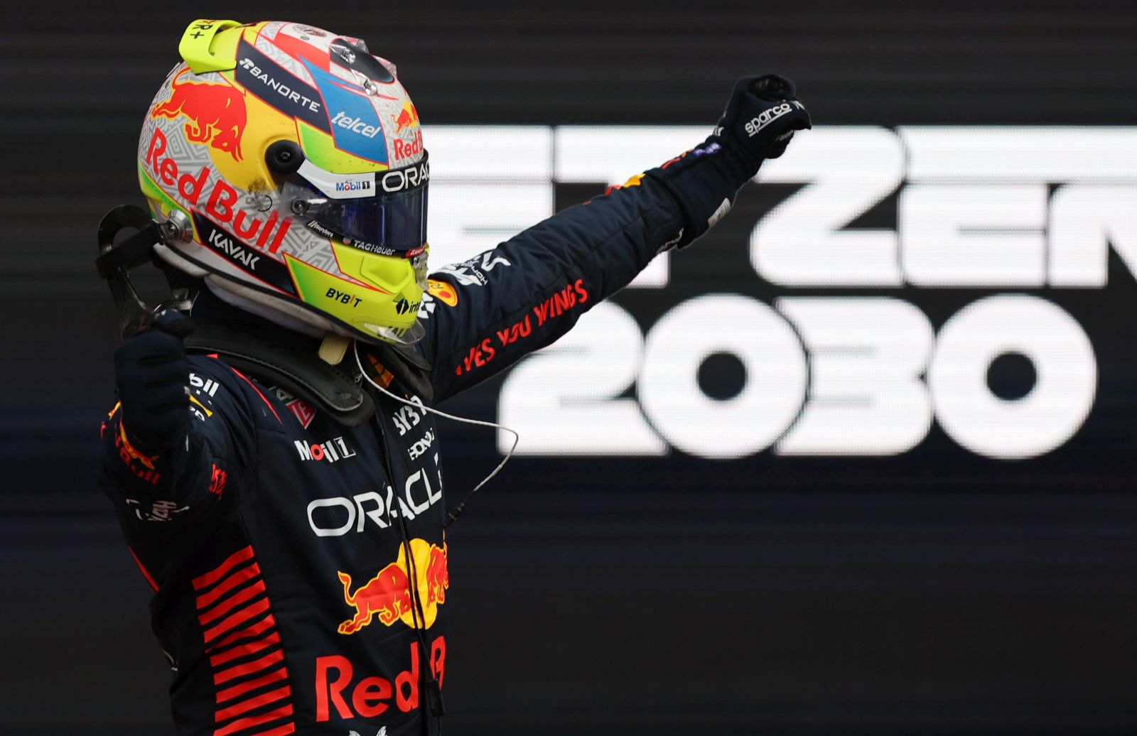 epa10600038 Mexican Formula One driver Sergio Perez of Red Bull Racing celebrates after winning the 2023 Formula 1 Azerbaijan Grand Prix at the Baku City Circuit in Baku, Azerbaijan, 30 April 2023.  EPA/ALI HAIDER