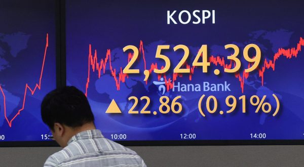epa10603759 An electronic signboard in the dealing room of Hana Bank in Seoul, South Korea, 02 May 2023, shows the benchmark Korea Composite Stock Price Index having gained 22.86 points, or 0.91 percent, to close at 2,524.39. South Korean stocks closed higher ahead of the U.S. Federal Reserve's policy meeting later this week.  EPA/YONHAP SOUTH KOREA OUT