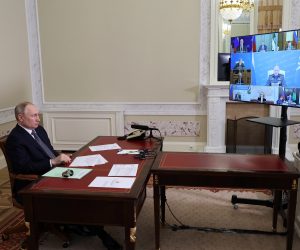 epa10604521 Russian President Vladimir Putin takes part in an event on the occasion of the tram traffic resumption in Mariupol, the Russian-controlled city in Ukraine's Donetsk region, via video conference call, in St. Petersburg, Russia, 02 May 2023. Nearly 5,000 new apartments are planned to be commissioned in Mariupol this year, Russian Deputy Prime Minister Marat Khusnullin said on 02 May. Some 26 thousand builders are currently working on the restoration of the city. Mariupol had seen a long battle for its control between Ukrainian and Russian forces as well as a siege, with hostilities lasting from February to the end of May 2022. On 24 February 2022 Russian troops entered the Ukrainian territory in what the Russian president declared a 'Special Military Operation', starting an armed conflict that has provoked destruction and a humanitarian crisis.  EPA/MIKHAEL KLIMENTYEV/SPUTNIK/KREMLIN / POOL MANDATORY CREDIT