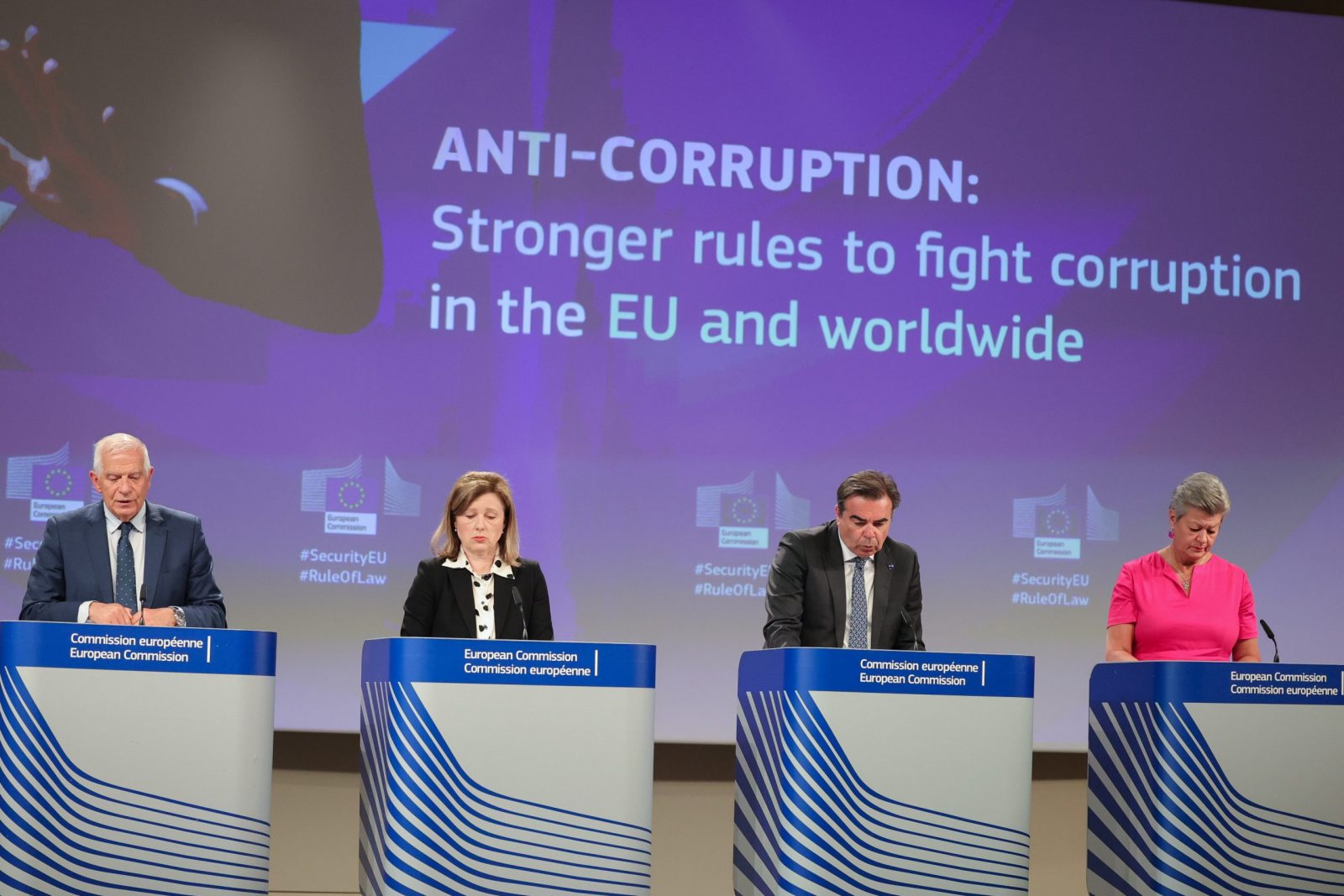 epa10605973 (L-R) EU High Representative/Vice President Josep Borrell, European Commissioner for Values and Transparency Vera Jourova,  European Commissioner in charge of Promoting our European Way of Life Margaritis Schinas and European Commissioner for  Home Affairs Ylva Johansson present Anti-Corruption: Stronger rules to fight corruption in the EU and worldwide during the press conference following the European Commission weekly college meeting, in Brussels, Belgium, 03 May 2023.  EPA/OLIVIER MATTHYS