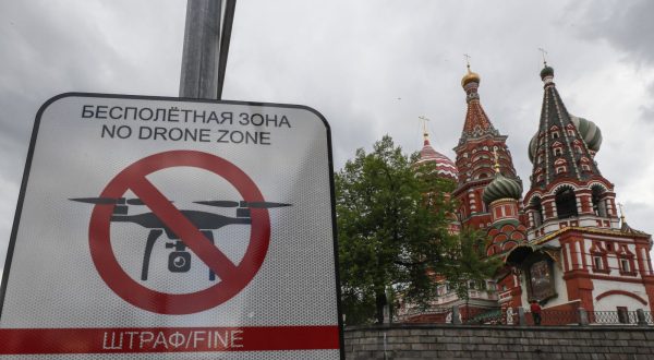 epaselect epa10606302 A 'No Drone Zone' sign is placed in front of the Red Square in Moscow, Russia, 03 May 2023. Moscow Mayor Sergei Sobyanin announced a ban on unauthorized drone flights over the city, after the Kremlin said two unmanned aerial vehicles targeting the Kremlin on the night of 02 May were disabled and crashed without causing any casualties or damage. The Russian Presidential Press Service accused Kyiv of carrying the drone strike against the residence of the Russian president. The Kremlin described the action as a 'planned terrorist attack and an assassination attempt targeting the President', noting that the President was not injured.  EPA/YURI KOCHETKOV