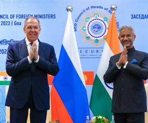epa10608854 A handout photo made available by the Russian Foreign Ministry press service shows Russian Foreign Minister Sergey Lavrov (L) with India's Foreign Minister S. Jaishankar (R) during the Shanghai Cooperation Organization (SCO) foreign ministers meeting in Goa, India, 04 May 2023. India is hosting this year's SCO summit in Goa from 04 to 05 May 2023.  EPA/RUSSIAN FOREIGN MINISTRY PRESS SERVICE / HANDOUT  HANDOUT EDITORIAL USE ONLY/NO SALES
