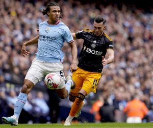 epa10612226 Nathan Ake (L) of Manchester City and Jack Harrison of Leeds in action during the English Premier League match between Manchester City and Leeds United, in Manchester, Britain, 06 May 2023.  EPA/TIM KEETON EDITORIAL USE ONLY. No use with unauthorized audio, video, data, fixture lists, club/league logos or 'live' services. Online in-match use limited to 120 images, no video emulation. No use in betting, games or single club/league/player publications.