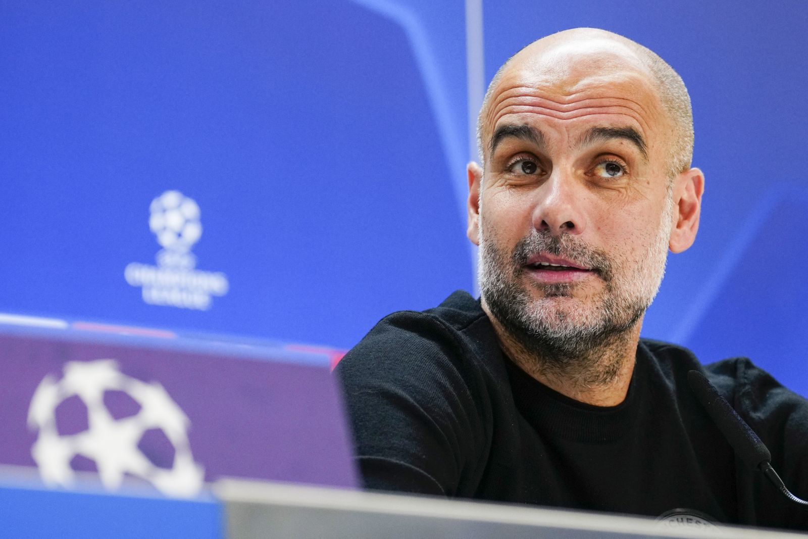 epa10615919 Manchester City's head coach Pep Guardiola attends a press conference, in Madrid, Spain, 08 May 2023. Manchester City will face Real Madrid on 09 May 2023 during their UEFA Champions League semi-final first leg soccer match in Madrid.  EPA/Borja Sanchez Trillo