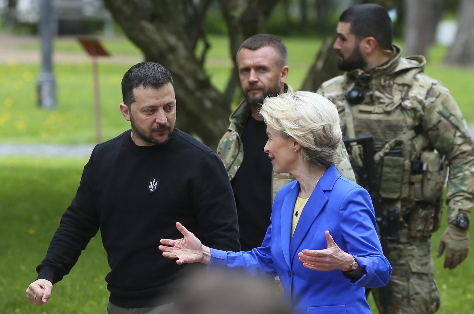 epa10617253 Ukraine's President Volodymyr Zelensky (L) and President of the European Commission Ursula von der Leyen (R) arrive for a joint meeting with the media near the St. Sophia Cathedral in Kyiv, Ukraine, 09 May 2023. Von der Leyen arrived in Kyiv to meet with top Ukrainian officials. President Zelensky announced that from now on May 09 will be annually celebrated as 'Europe Day' in Ukraine. Also on that day, some countries mark the 78th anniversary of Victory Day, the unconditional surrender of Nazi Germany on 08 May 1945, and the Allied Forces' victory, which marked the end of World War II in Europe.  EPA/STEPAN FRANKO
