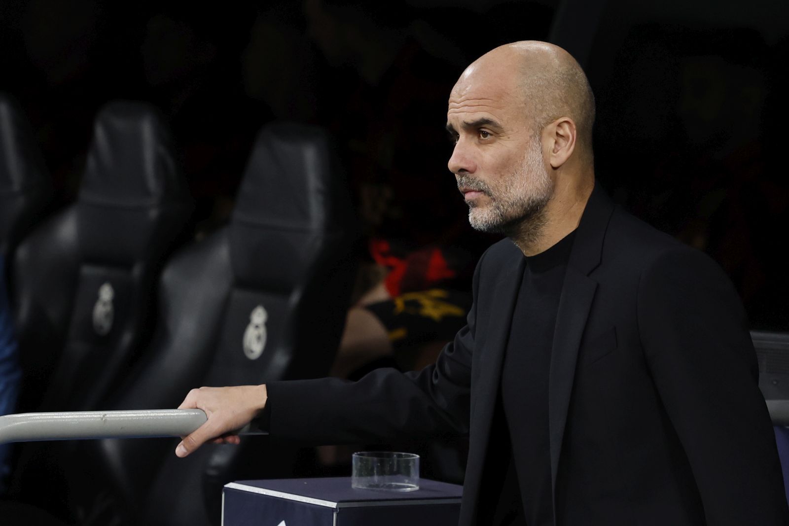 epa10617951 Manchester City's head coach Pep Guardiola reacts during the UEFA Champions League semifinal first leg soccer match between Real Madrid and Manchester City at Santiago Bernabeu Stadium, in Madrid, Spain, 09 May 2023  EPA/Juanjo Martin