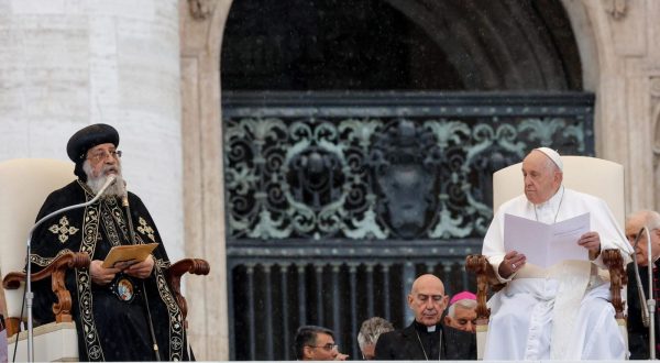 epa10618620 Pope Francis listens as Pope Tawadros II of Alexandria (L) addresses the weekly general audience in Saint Peter's Square, at the Vatican City, 10 May 2023.  EPA/GIUSEPPE LAMI