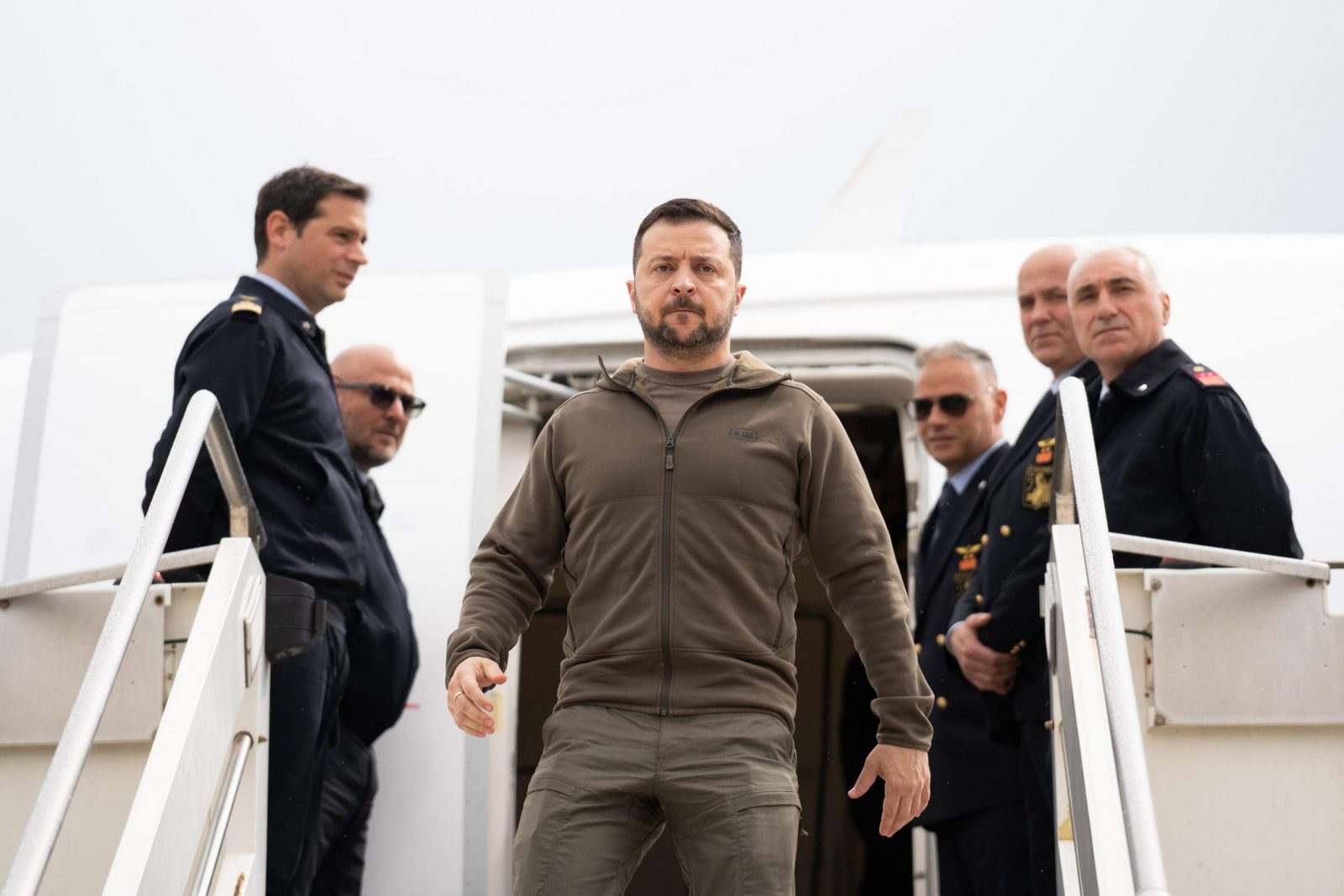 epa10624434 Ukrainian President Volodymyr Zelensky (C) disembarks from a plane at Ciampino Airport in Rome, Italy, 13 May 2023. It is the first time for Zelensky to come to Italy since the start of the Russian invasion of Ukraine in February 2022. He is scheduled to meet with the Italian President and Pope Francis.  EPA/TELENEWS