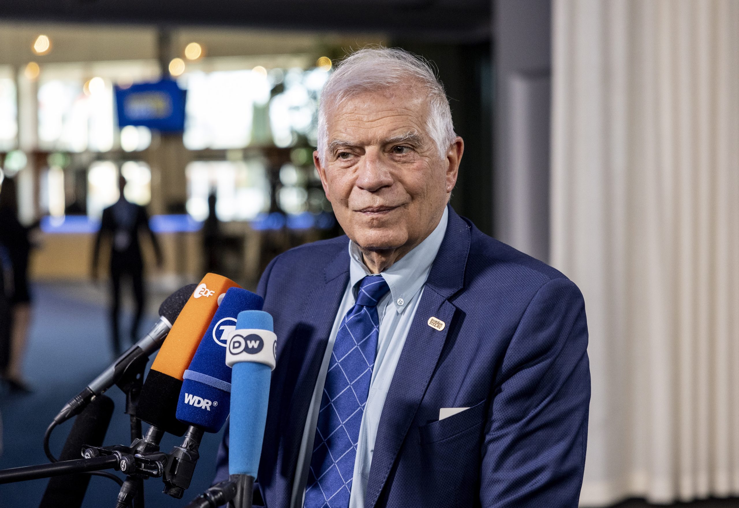 epa10624359 Josep Borrell, the European Union High Representative for Foreign Affairs and Security Policy, talks to journalists after an informal meeting of EU Foreign affairs ministers with their Ukrainian counterpart in Marsta, outside Stockholm, Sweden, 13 May 2023. Sweden hosts the meeting as it currentrly holds the presidency of the Council of the European Union.  EPA/Christine Olsson SWEDEN OUT