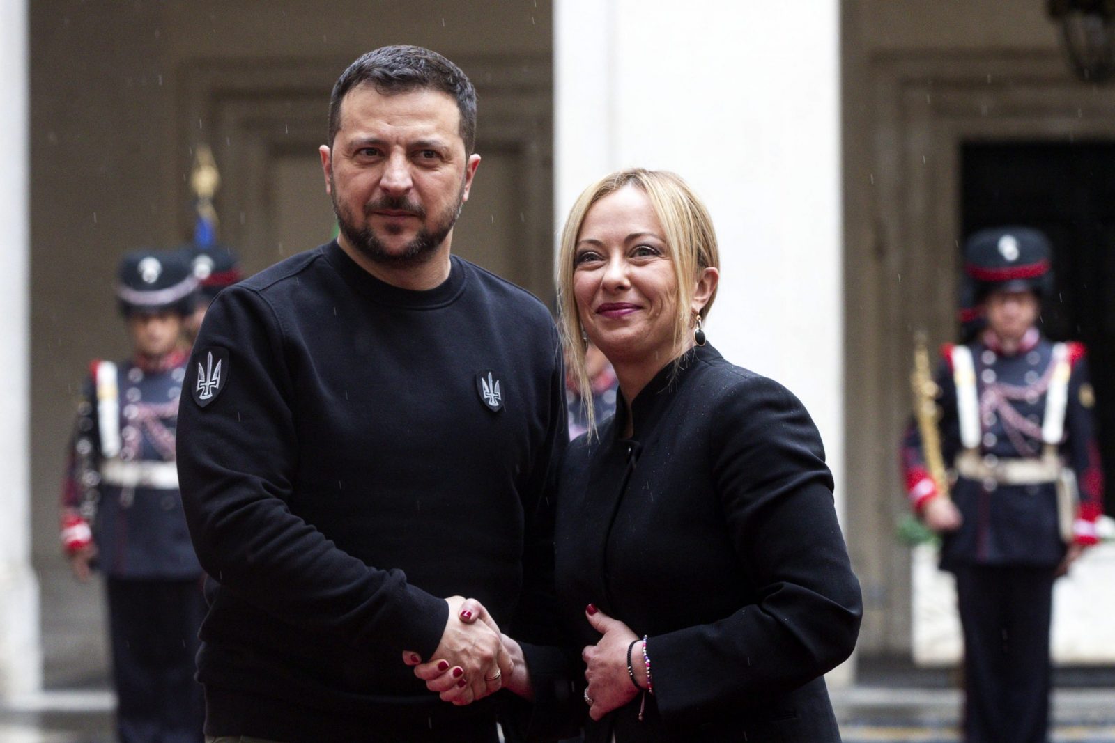 epa10624587 Italian Prime Minister Giorgia Meloni (R) and Ukraine's President Volodymyr Zelensky (L) pose for the media at Chigi Palace during his visit to Rome, Italy, 13 May 2023. It is the first time for Zelensky to come to Italy since the start of the Russian invasion of Ukraine in February 2022. He is scheduled to also meet with the Italian President and Pope Francis.  EPA/ANGELO CARCONI