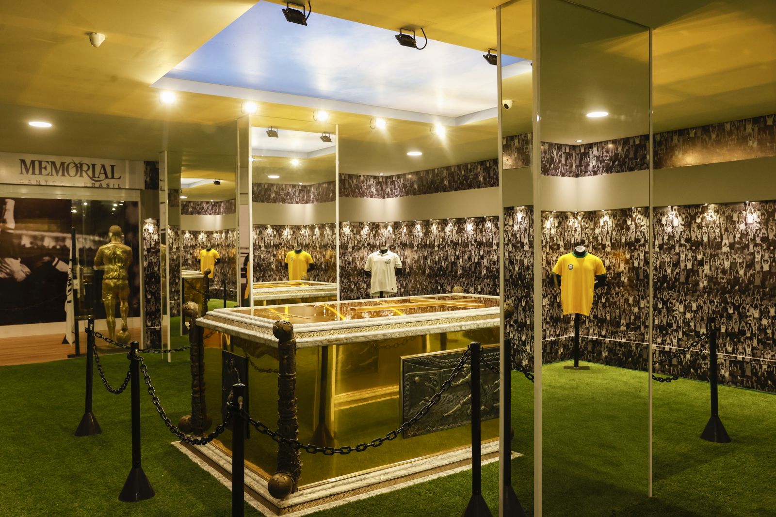 epa10630018 Part of the mausoleum where soccer legend Pele is buried, in Santos, Brazil, 15 May 2023. The mausoleum where former Brazilian soccer legend Pele is buried opened its doors to the public on 15 May 2023. Pele died on 29 December 2022 at the age of 82.  EPA/Sebastiao Moreira
