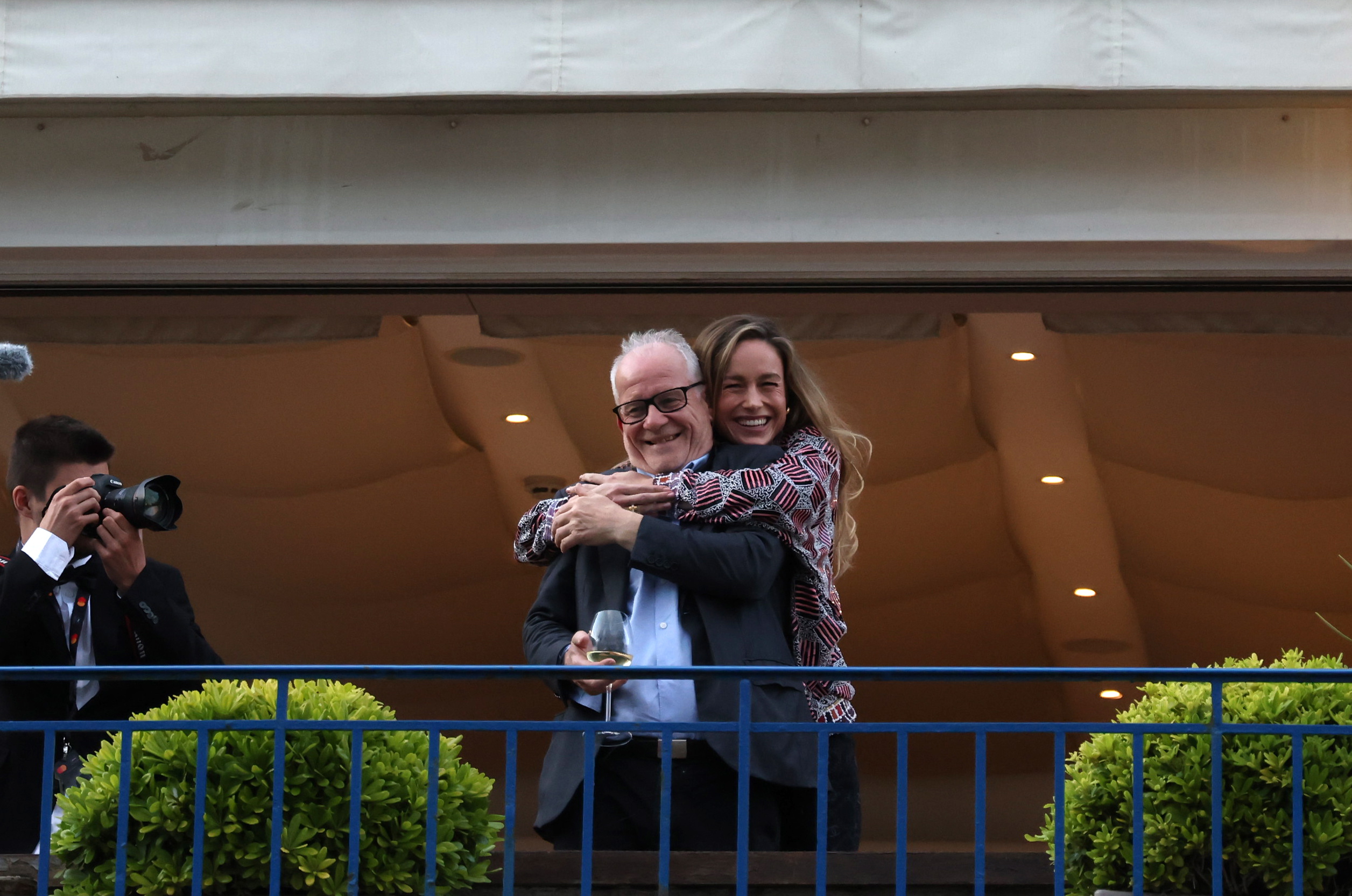 epa10630094 US actor and Jury member Brie Larson (R) and the General Delegate of the Cannes Film Festival Thierry Fremaux stand on the balcony of the Hotel Martinez on the eve of the opening of the 76th annual Cannes Film Festival, in Cannes, France, 15 May 2023. The festival runs from 16 to 27 May.  EPA/Mohammed Badra