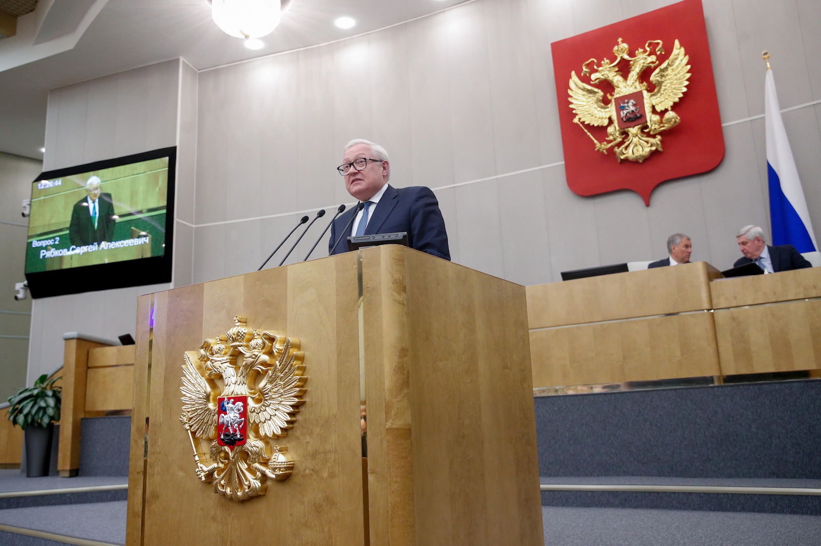 epa10631369 A handout photo made available by The State Duma Press Service, the Lower House of the Russian Parliament, shows Deputy Foreign Minister Sergey Ryabkov speaking during a session at the Russian State Duma in Moscow, Russia, 16 May 2023. The State Duma approved a bill denouncing the Treaty on Conventional Armed Forces in Europe (CFE). Russian President Putin submitted the document to the State Duma the previous week.  EPA/STATE DUMA PRESS SERVICE HANDOUT MANDATORY CREDIT / HANDOUT / EDITORIAL USE ONLY/NO SALES HANDOUT EDITORIAL USE ONLY/NO SALES