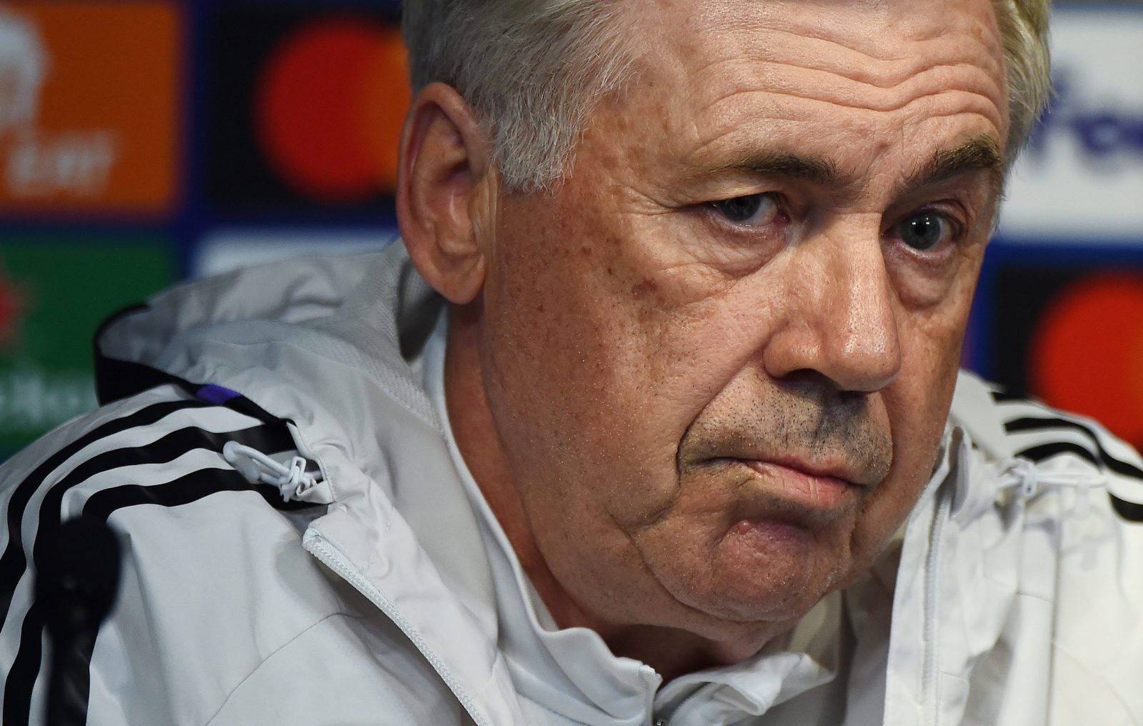 epa10631735 Real Madrid's manager Carlo Ancelotti attends a press conference held at the Etihad Stadium, Manchester, Britain, 16 May 2023. Real Madrid face Manchester City in a UEFA Champions League semi-finals, 2nd leg soccer match on 17 May.  EPA/PETER POWELL