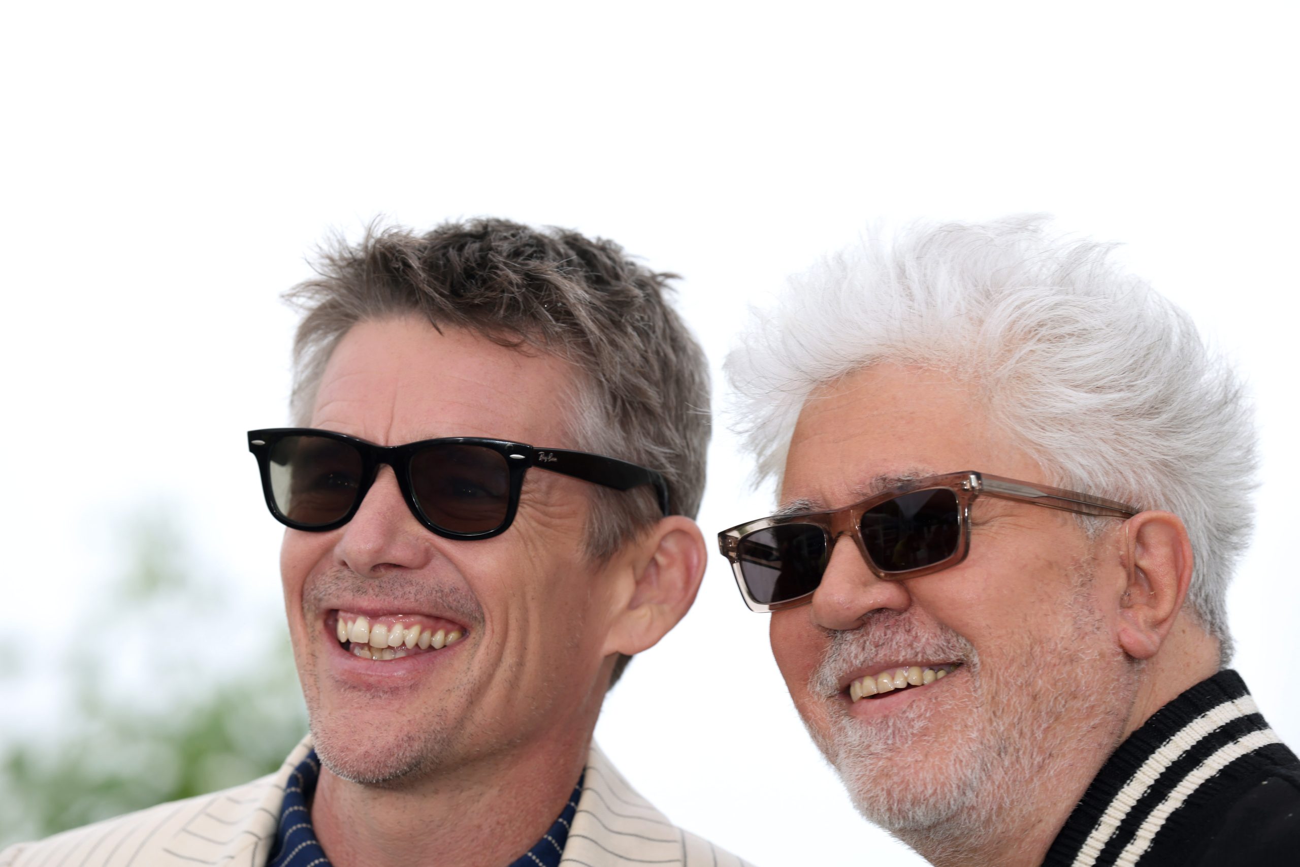 epa10633849 US actor Ethan Hawke and Spanish filmmaker Pedro Almodovar attend the photocall for 'Extrana forma de vida' (Strange Way of Life) during the 76th annual Cannes Film Festival, in Cannes, France, 17 May 2023. The festival runs from 16 to 27 May.  EPA/MOHAMMED BADRA