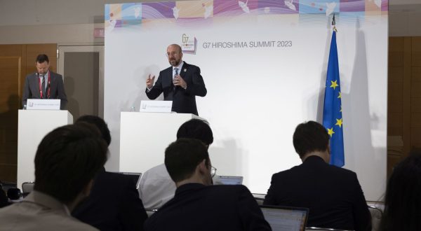 epa10637918 European Council President Charles Michel speaks to reporters during a press briefing on the sidelines of the G7 Hiroshima Summit in Hiroshima, Japan, 19 May 2023. The G7 Hiroshima Summit will be held from 19 to 21 May 2023.  EPA/HOW HWEE YOUNG