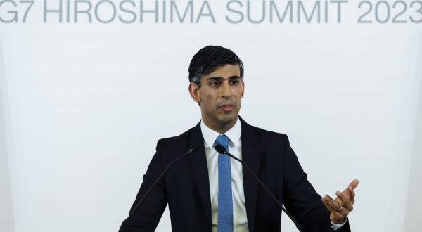 epa10642701 British Prime Minister Rishi Sunak attends a press conference following the G7 leaders' summit in Hiroshima, western Japan, 21 May 2023. The G7 Hiroshima Summit will be held from 19 to 21 May 2023.  EPA/ISSEI KATO / POOL
