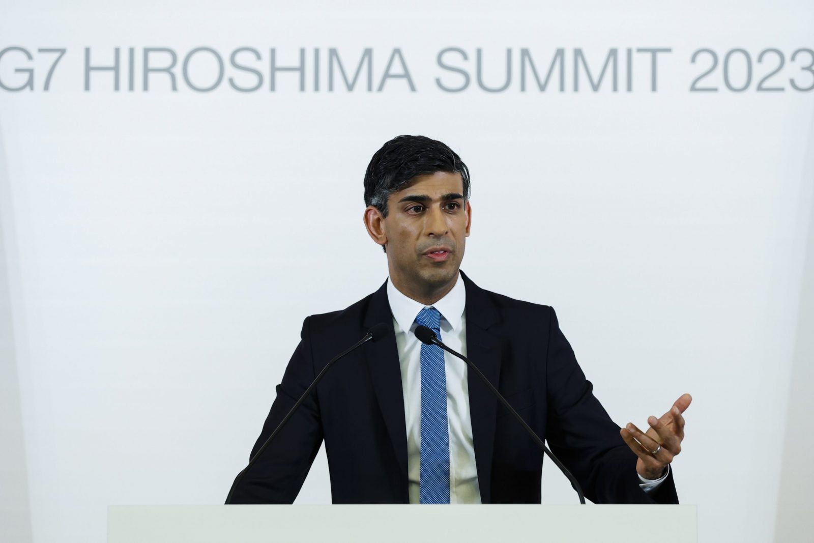 epa10642701 British Prime Minister Rishi Sunak attends a press conference following the G7 leaders' summit in Hiroshima, western Japan, 21 May 2023. The G7 Hiroshima Summit will be held from 19 to 21 May 2023.  EPA/ISSEI KATO / POOL
