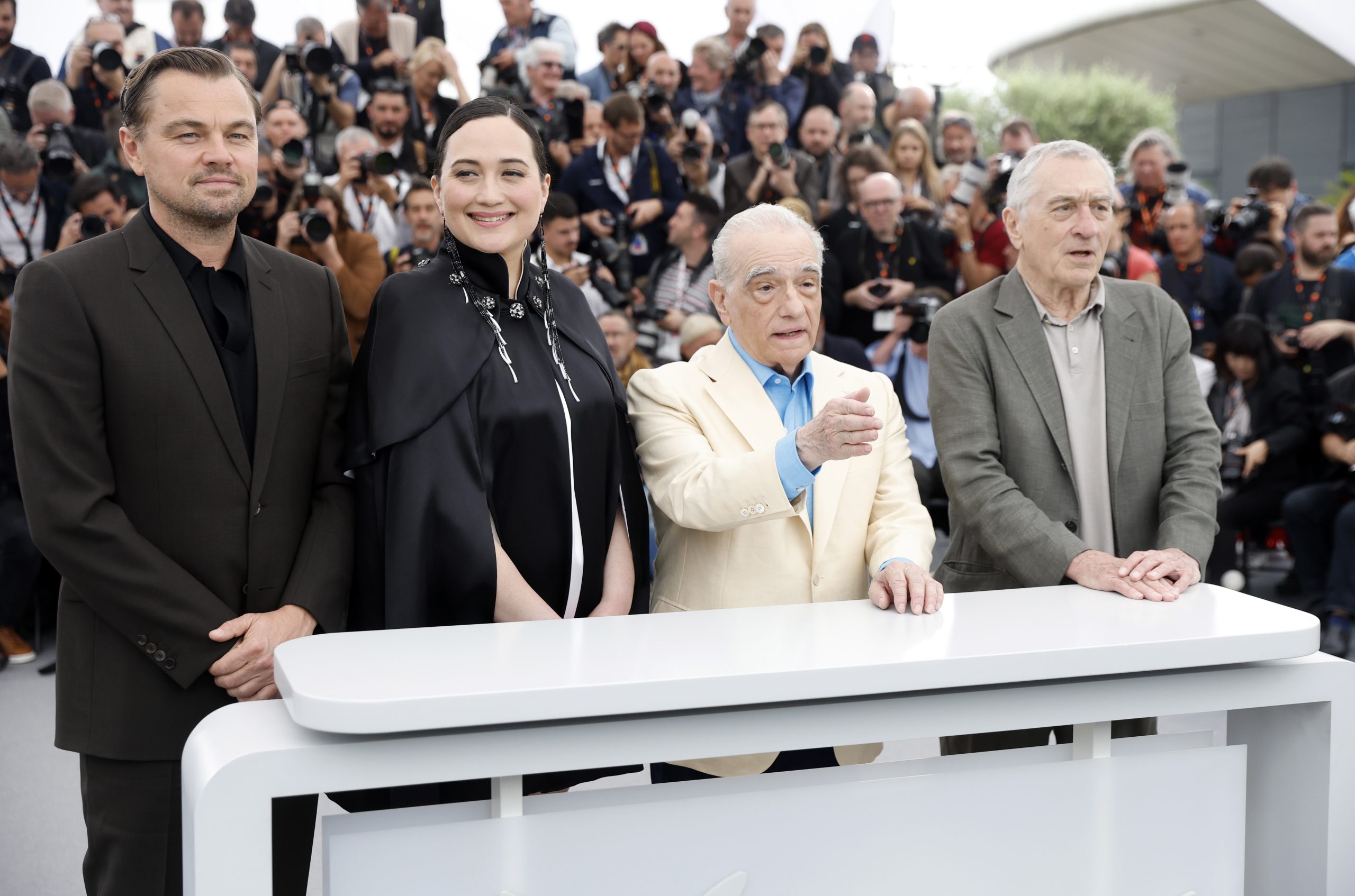 epa10643326 (From-R) Robert De Niro, Martin Scorsese, Lily Gladstone, and Leonardo DiCaprio attend the photocall for 'Killers of the Flower Moon' during the 76th annual Cannes Film Festival, in Cannes, France, 21 May 2023. The festival runs from 16 to 27 May.  EPA/Sebastien Nogier